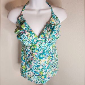 Elle Floral Baithing Suit Swim Halter Tank Top Size 16